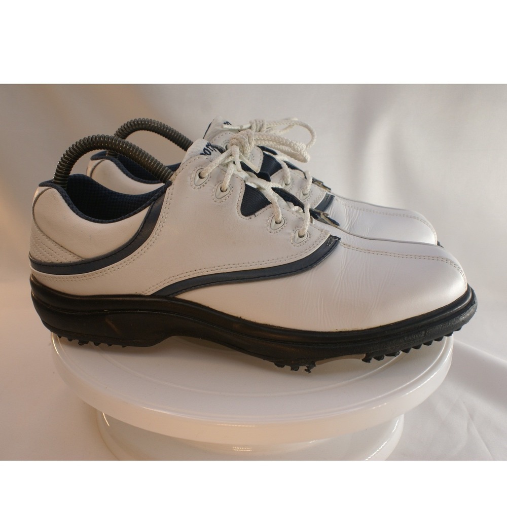 FootJoy SoftJoys Women 8 M White Navy Blue Leather Golf Shoes 98337C Softspikes